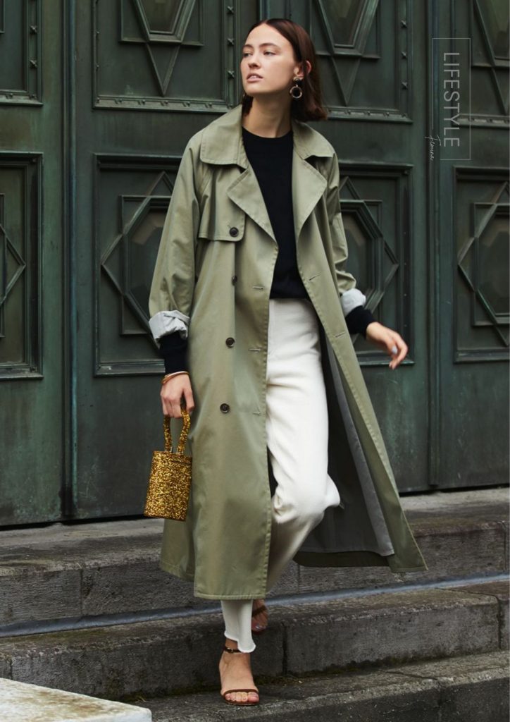 Green trench coat with corduroy pants