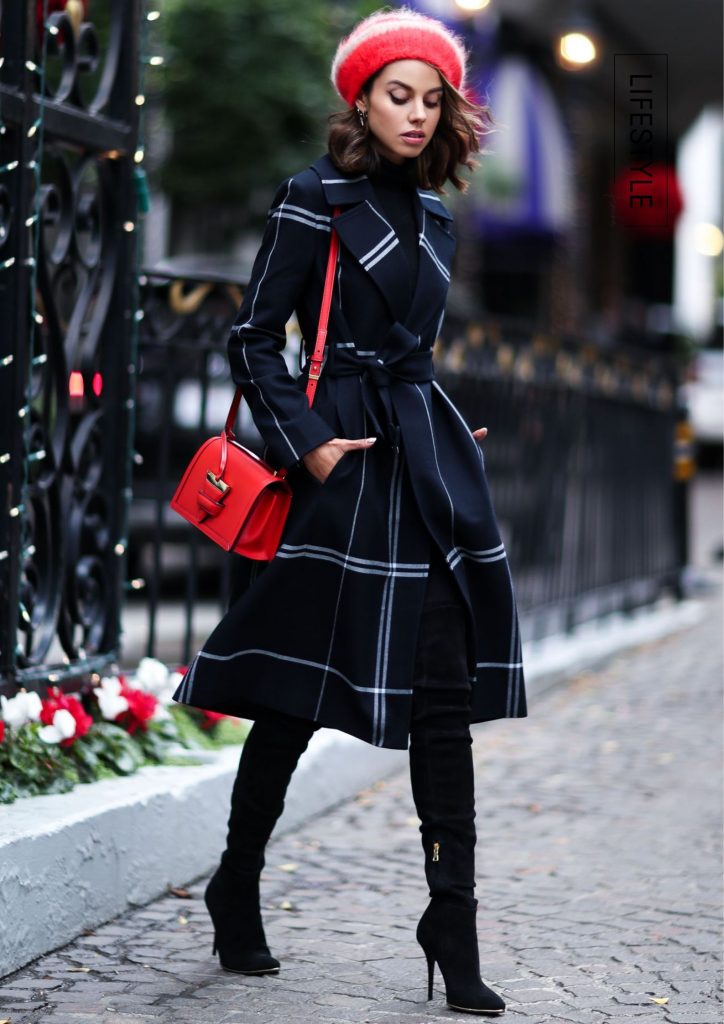 Plaid Trench Coat Design With Red Hat