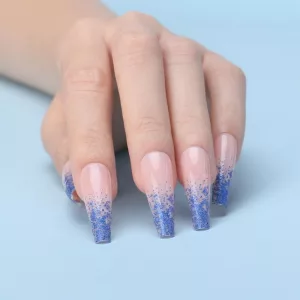 Blue And Nude Glitter Ombre Nails Design