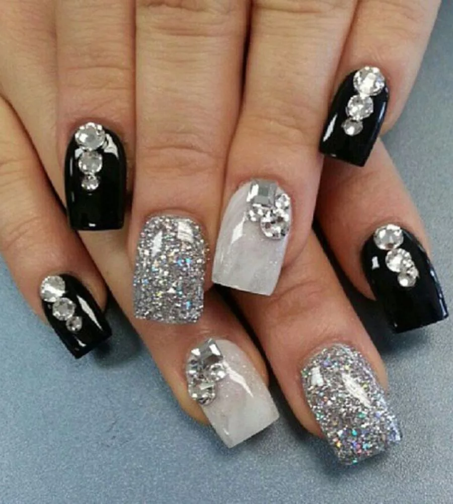Black Nail Art Designs With Stones
