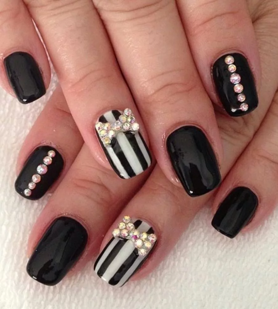 Black Nail Art Designs With Stones