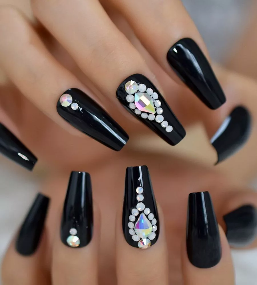 Black Nails with Diamonds