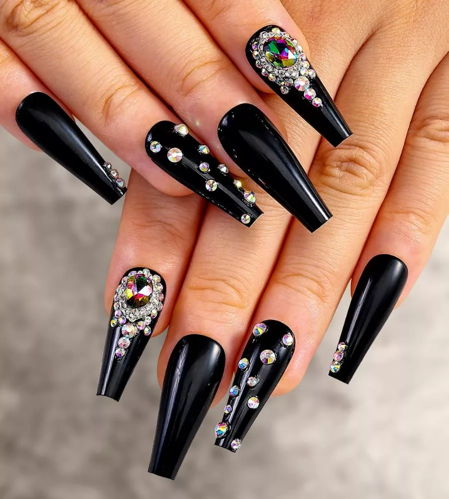 black coffin nails with diamonds