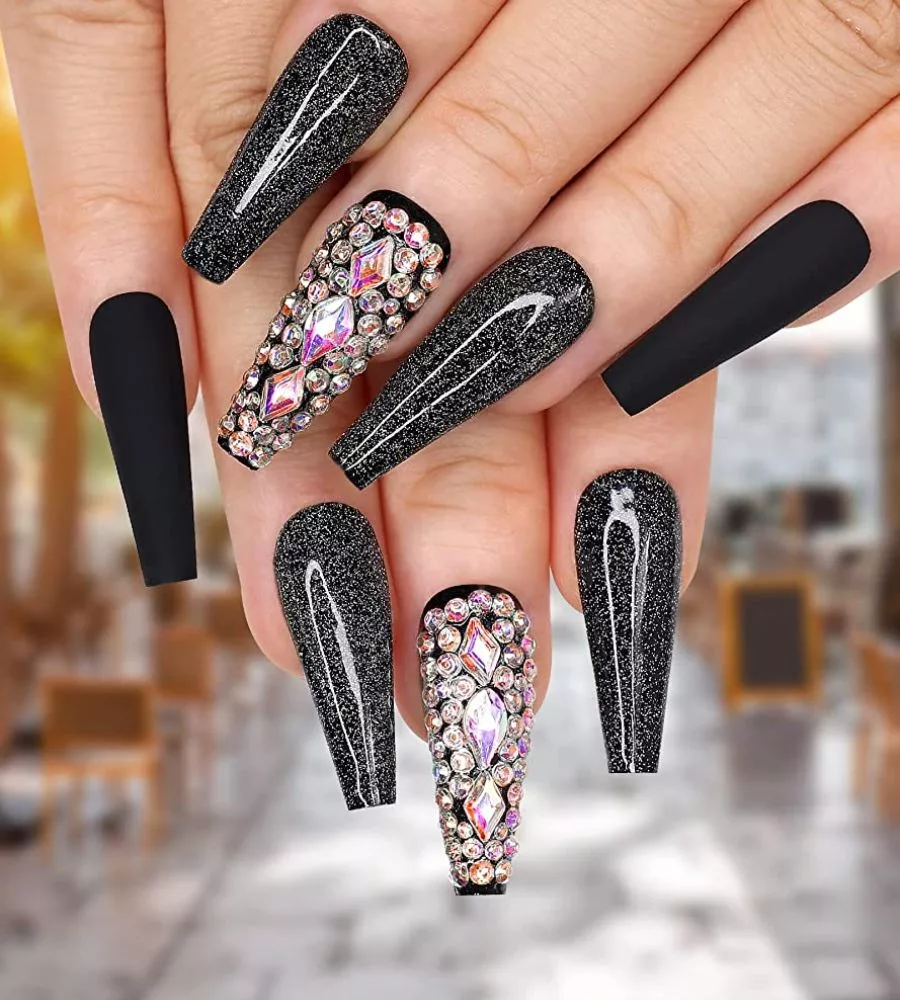 black french tip nails coffin with diamonds
