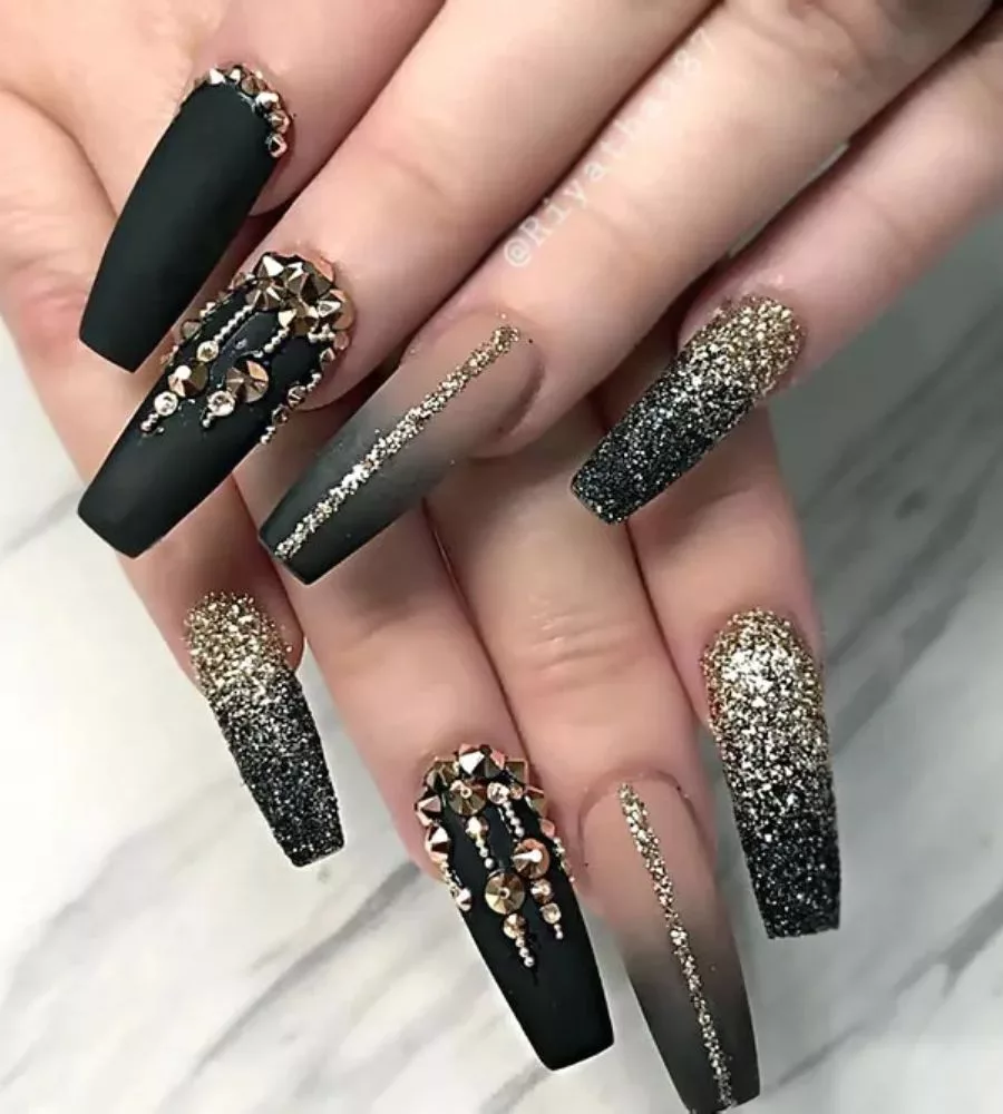 black french tip nails with diamonds
