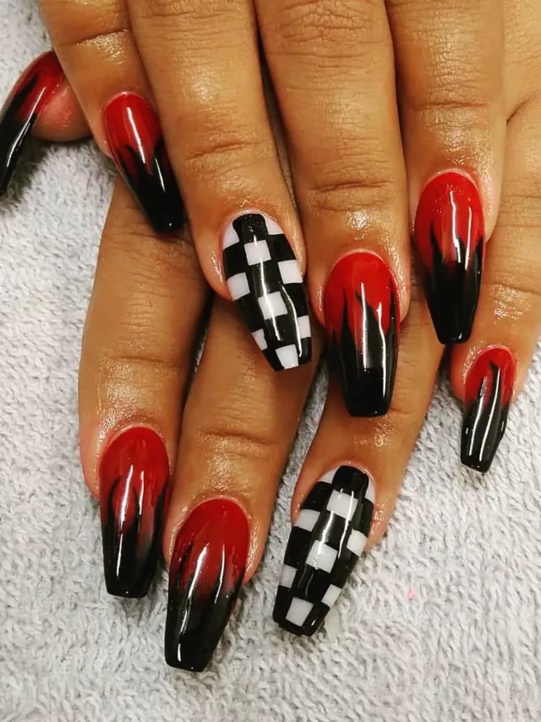 Checkered Design Red And Black Nail Design