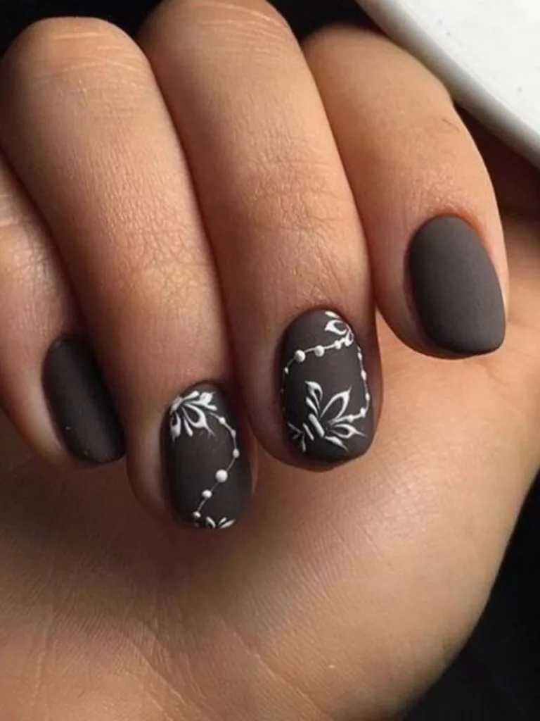Chocolate Brown nail designs with Floral Art
