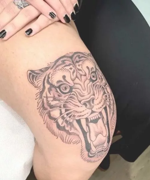 Ferocious Tiger Female Knee Tattoo