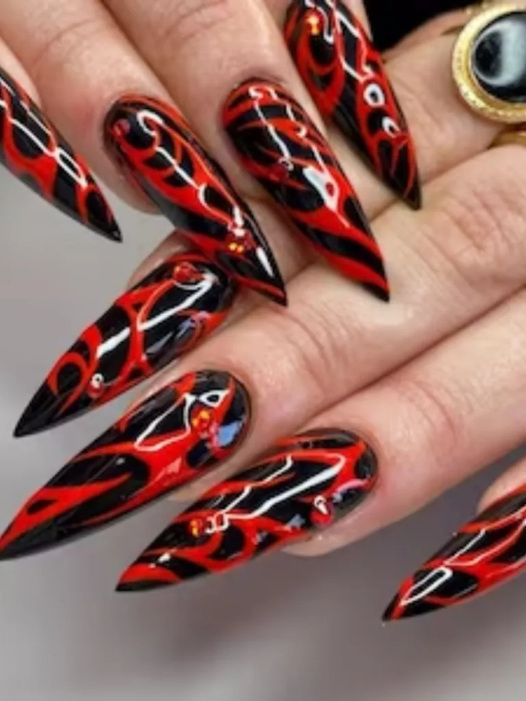 Tribal Patterns Red Nails and Black Tips