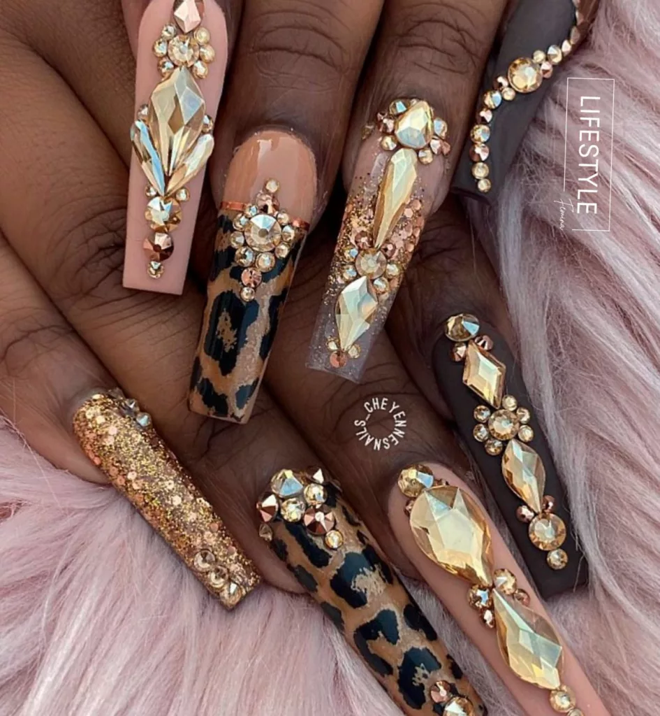 Brown Nails with Gems