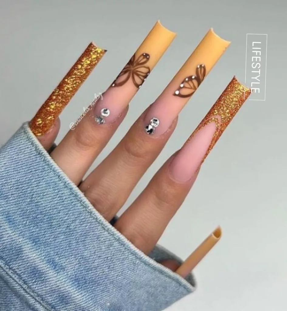  Yellow Coffin Nails with Rhinestones